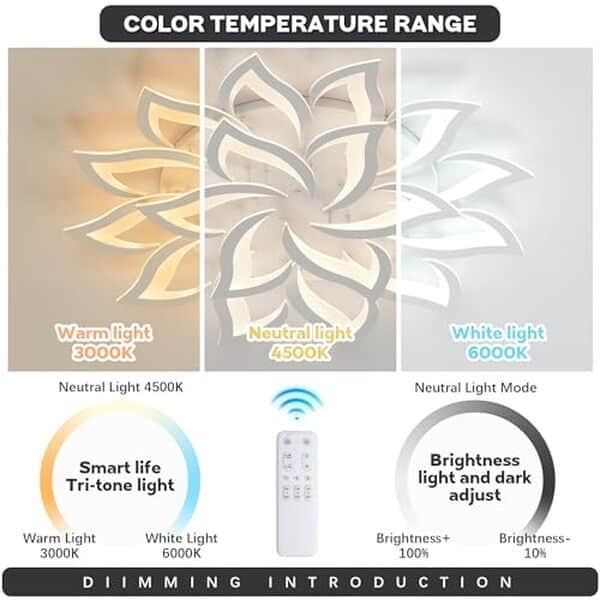 Découvrez le plafonnier LED 100W Mounm avec son design floral élégant et sa télécommande pratique. Éclairage puissant et économe pour votre intérieur. 