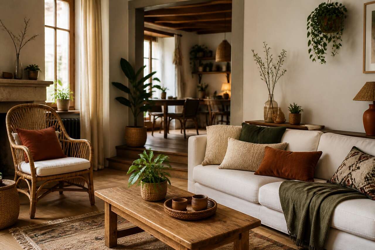 Palette boh&egrave;me: neutres chauds, tons terre et accents ma&icirc;tris&eacute;s