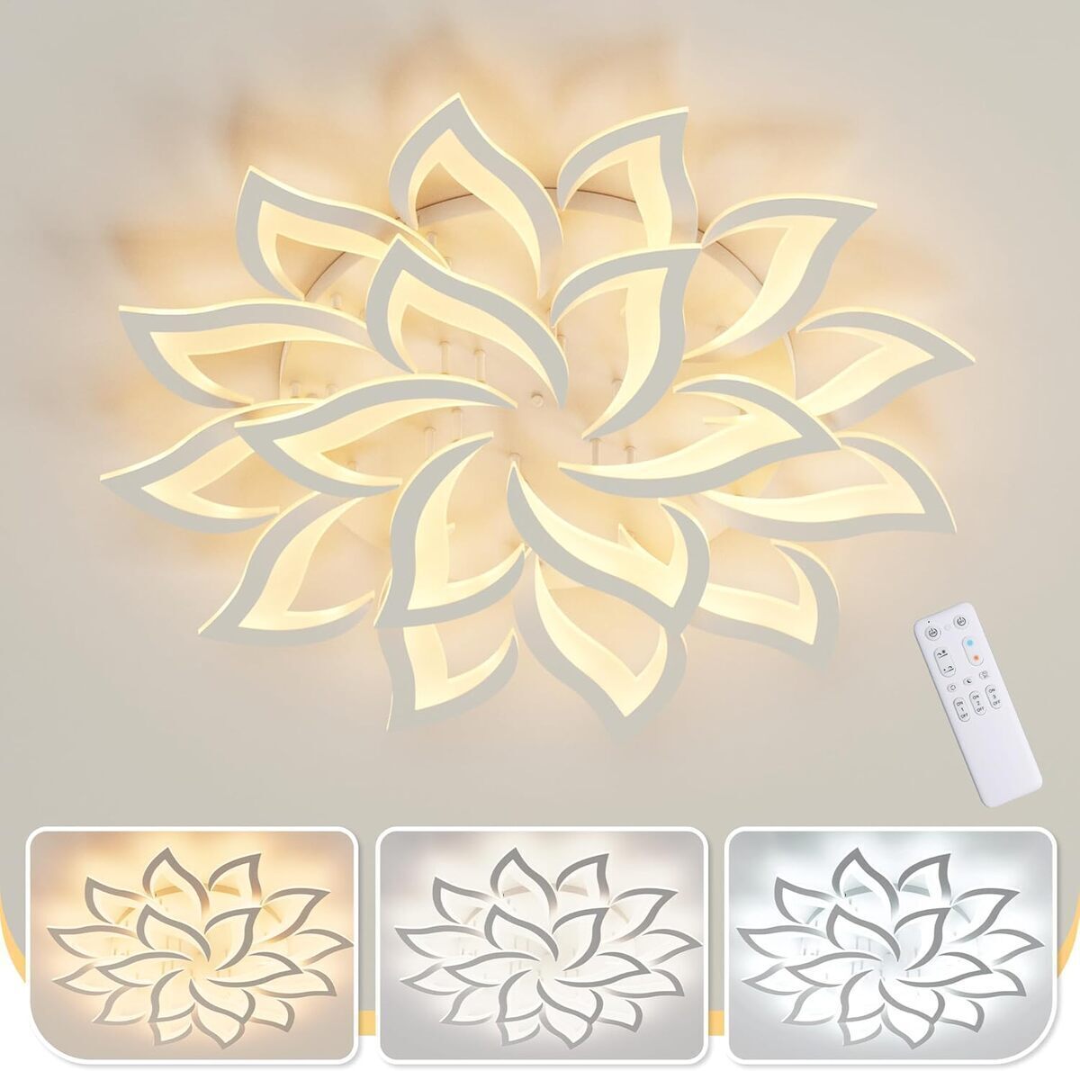 Test plafonnier LED 100W Mounm : design floral et télécommande